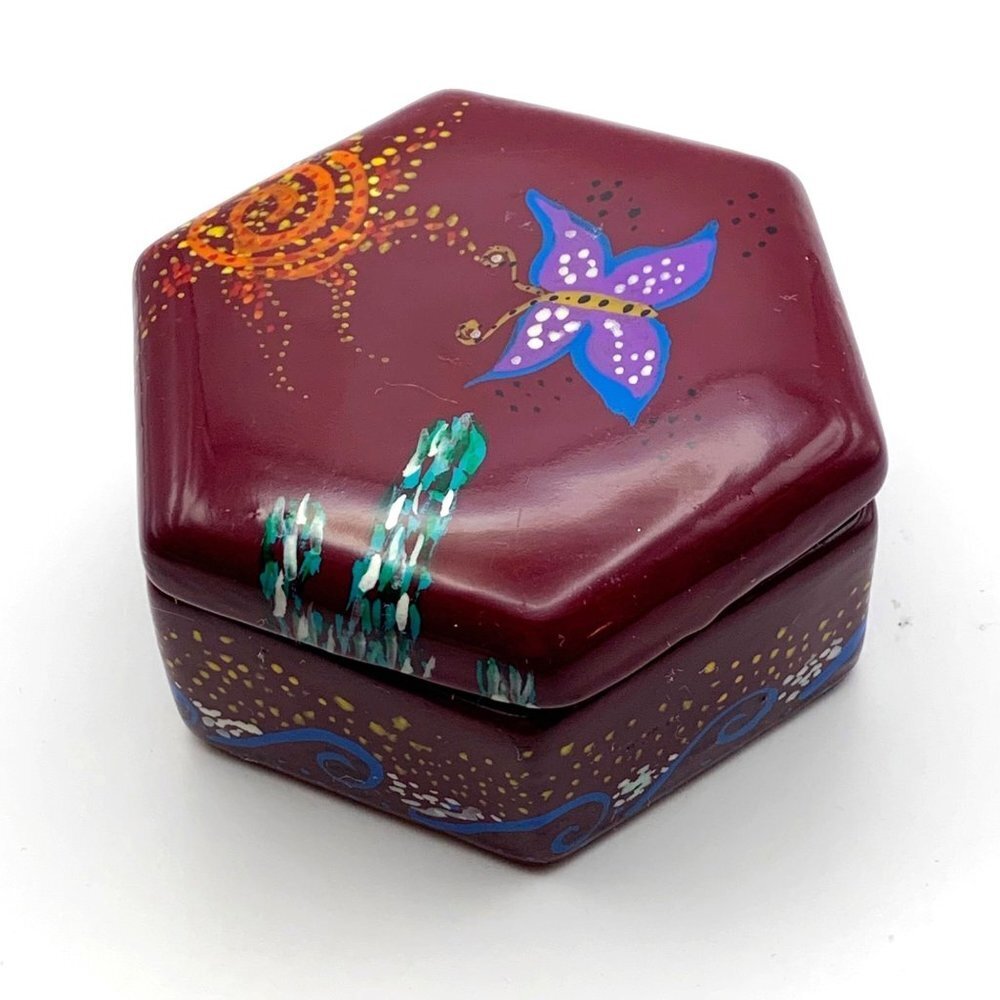 Small Butterfly & Floral Patterned Red Clay Pottery Hexagon Trinket Box With Lid
